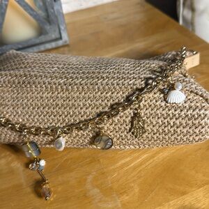 Tan Woven Shoulder Bag w/ Nautical Embellished Charms on Gold Tone Chain Handle